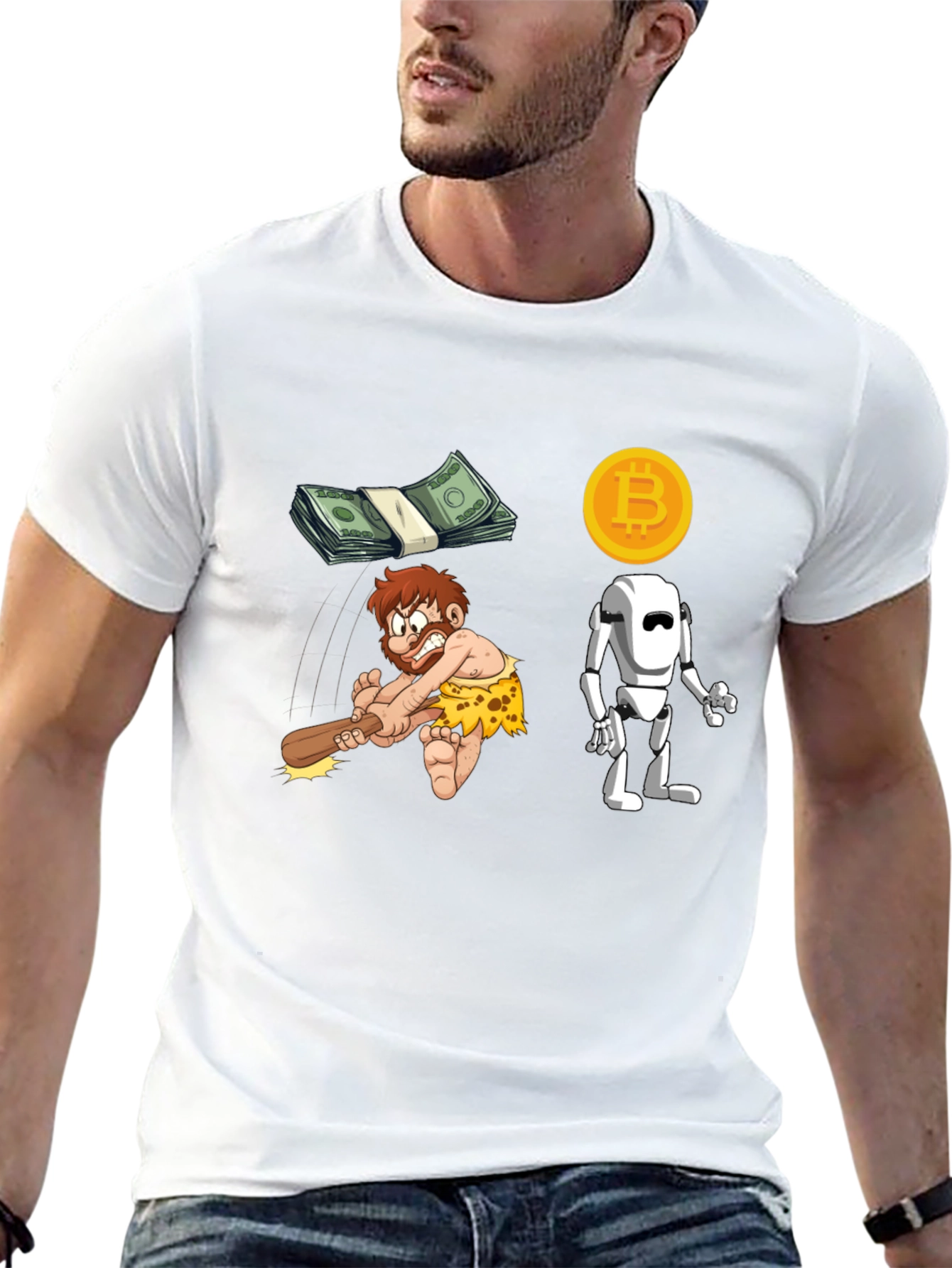 Bitcoin Evolution T-Shirt - Modern Tech Meets Stone Age!