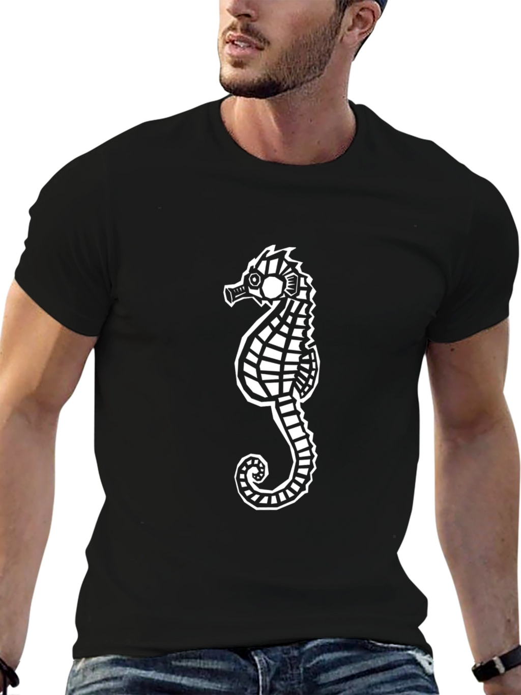 Seahorse Graphic Tee - Black Cotton Casual Shirt