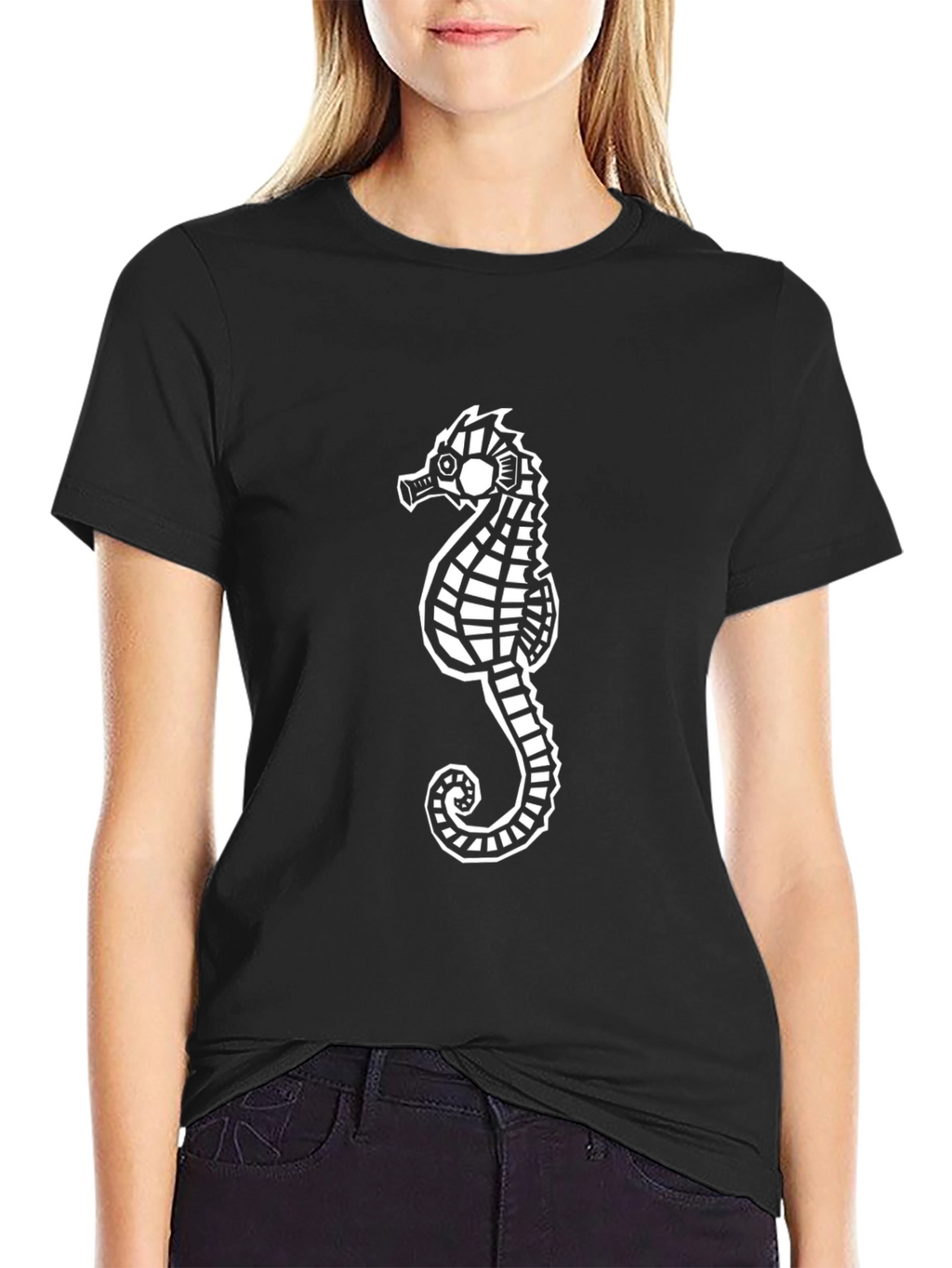 Seahorse Graphic Tee - Black Cotton Casual Shirt