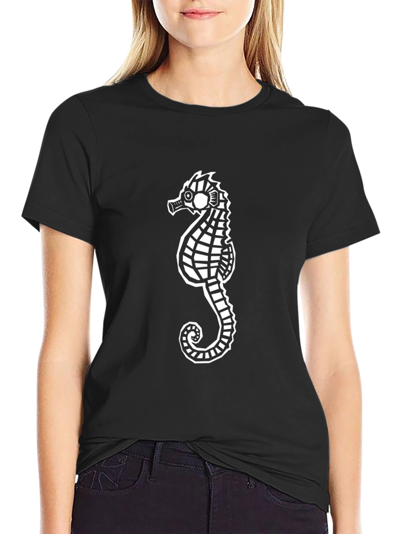 Seahorse Graphic Tee - Black Cotton Casual Shirt