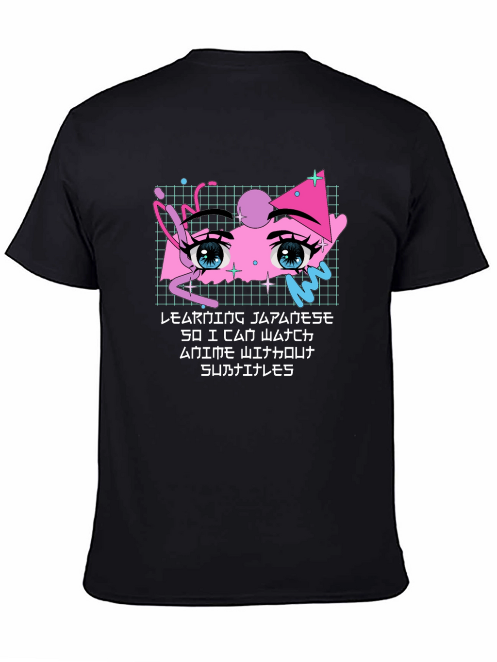 Anime Eyes Japanese Text Black T-Shirt