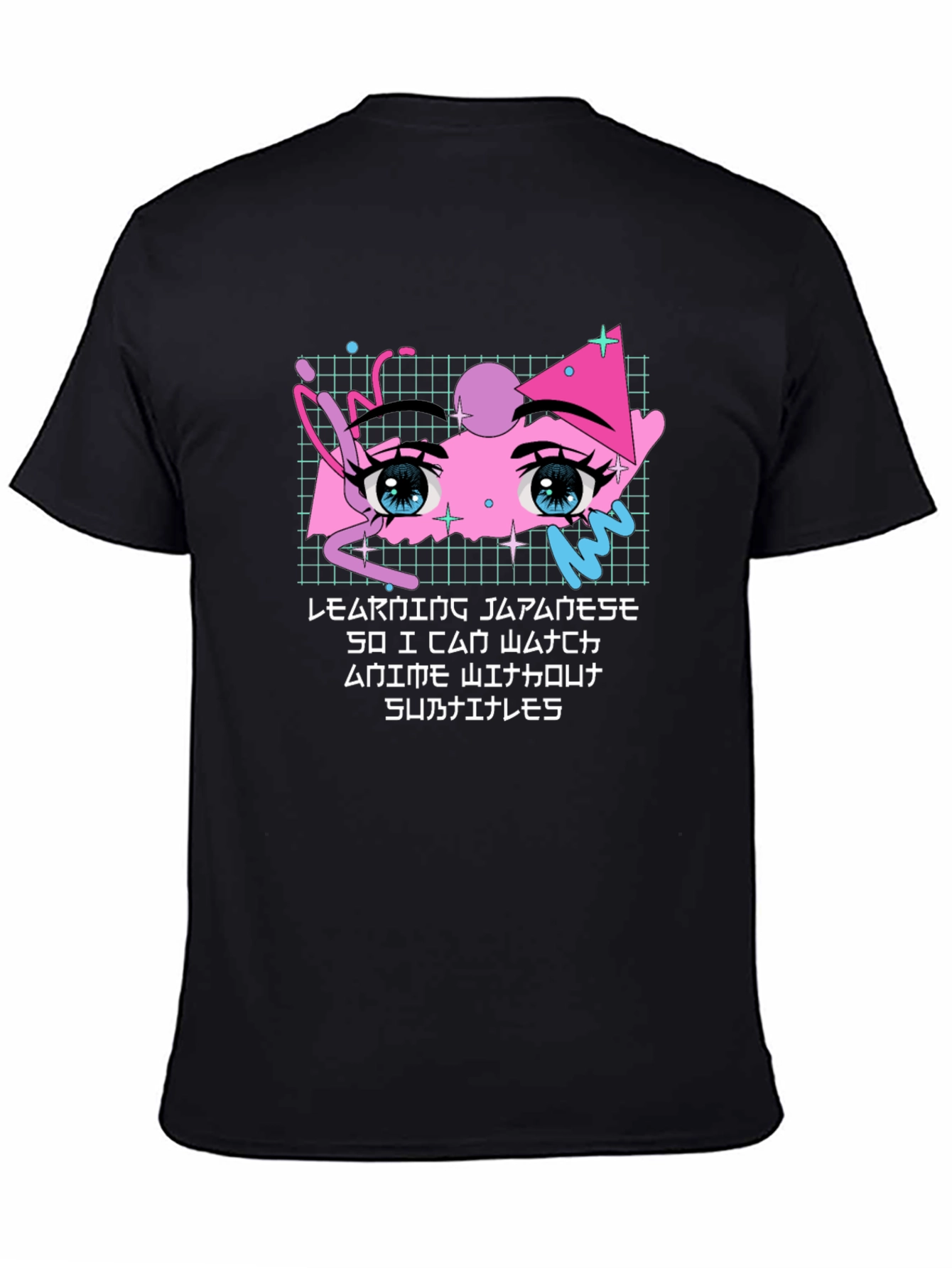 Anime Eyes Japanese Text Black T-Shirt