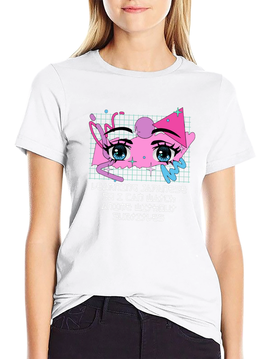 Anime Eyes Japanese Text Black T-Shirt