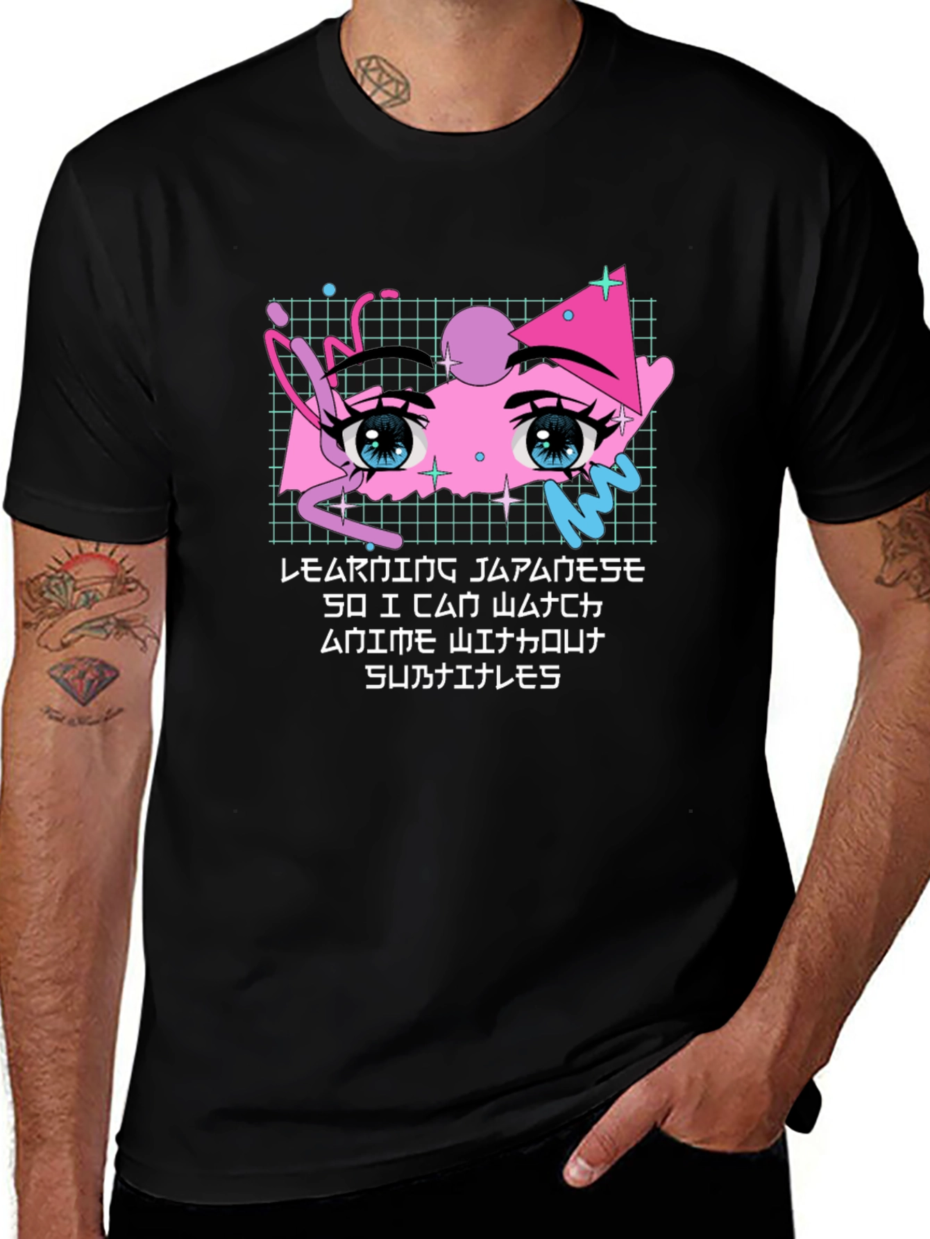 Anime Eyes Japanese Text Black T-Shirt
