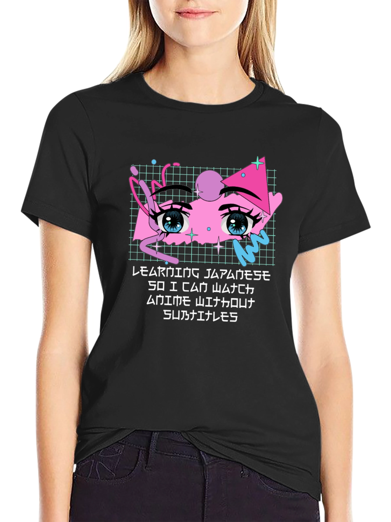 Anime Eyes Japanese Text Black T-Shirt
