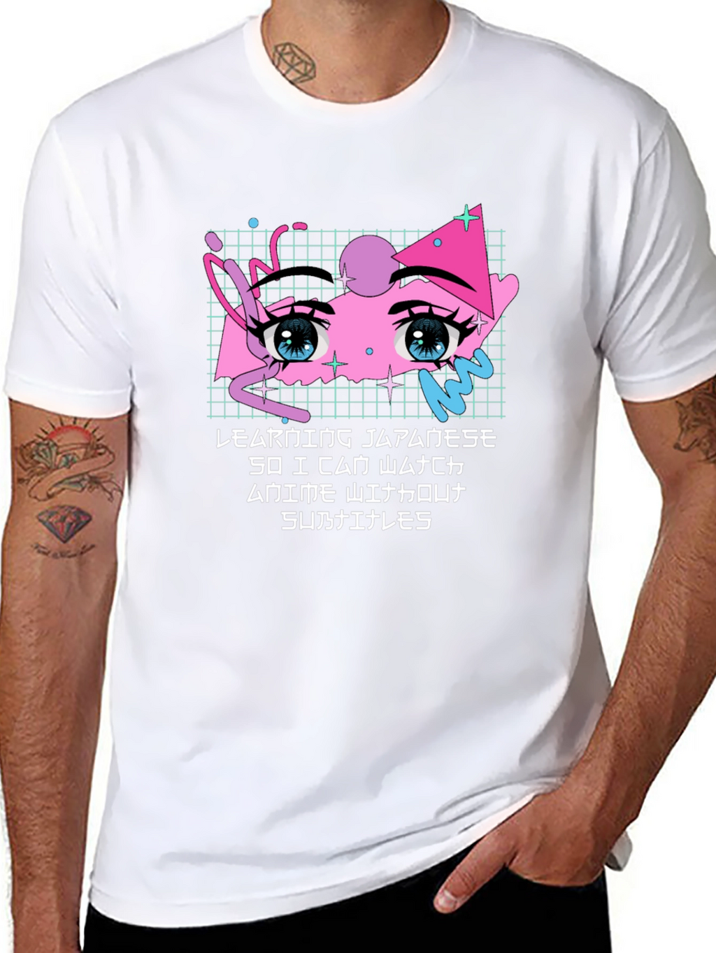 Anime Eyes Japanese Text Black T-Shirt