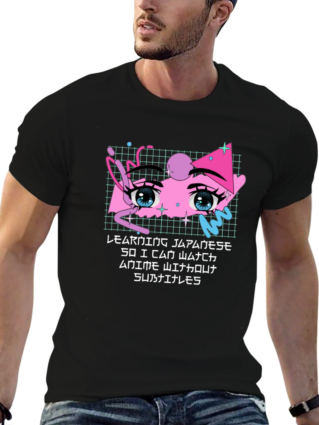 Anime Eyes Japanese Text Black T-Shirt