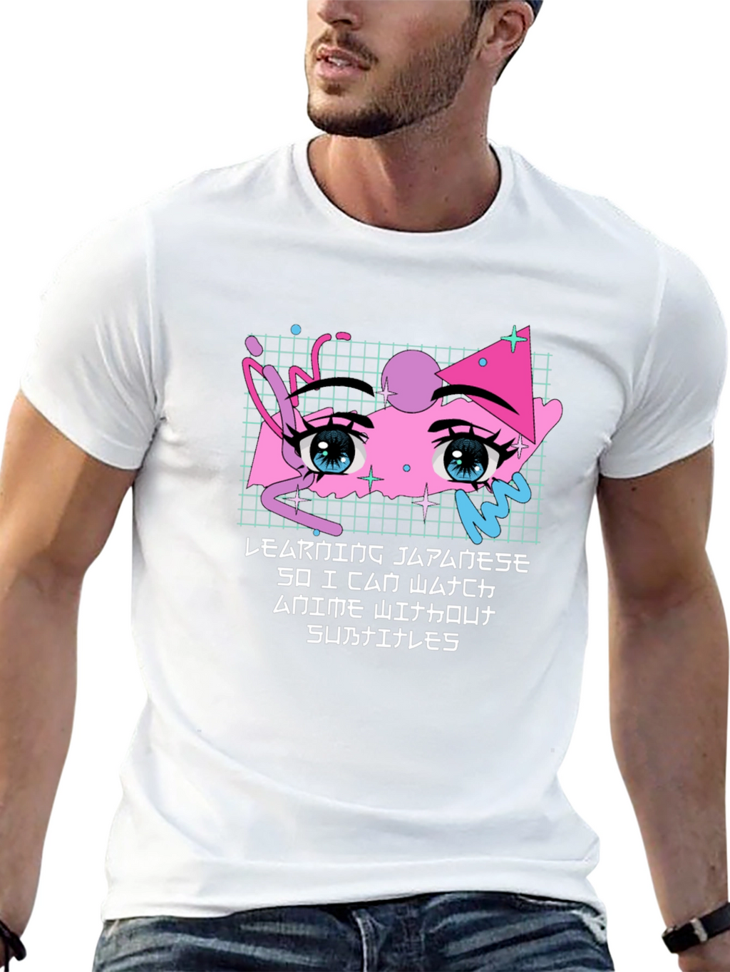 Anime Eyes Japanese Text Black T-Shirt