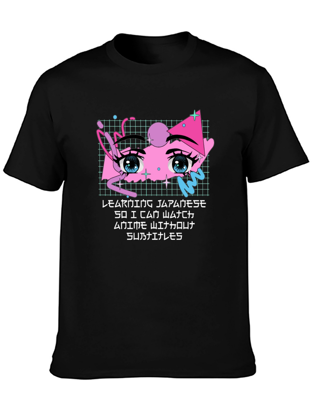 Anime Eyes Japanese Text Black T-Shirt