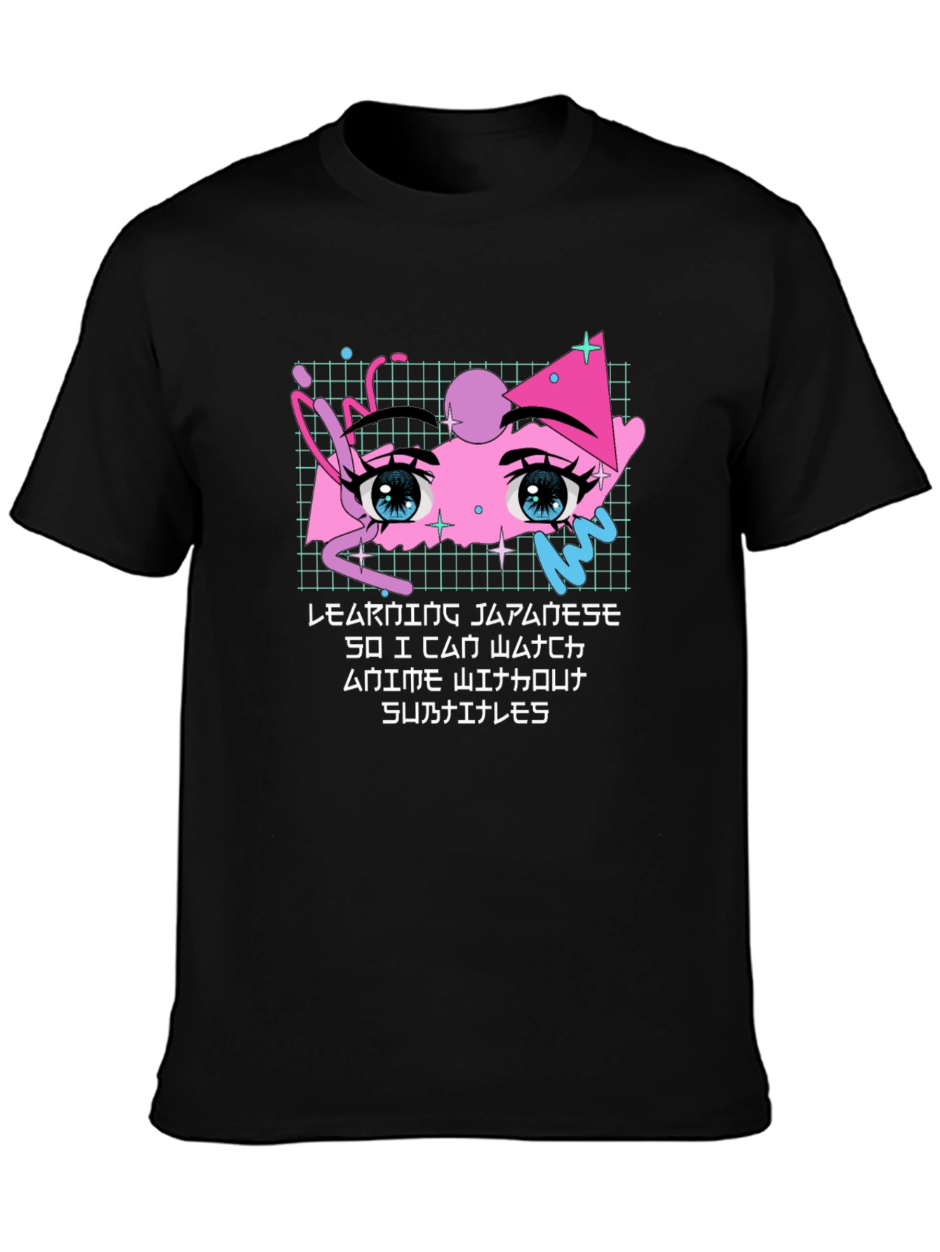 Anime Eyes Japanese Text Black T-Shirt