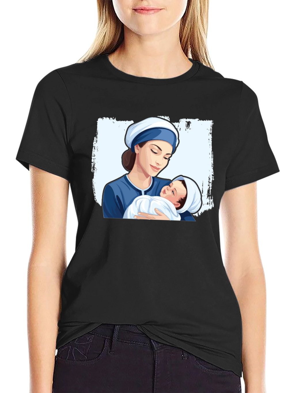 Mother and Baby Graphic Tee - Black Cotton T-Shirt