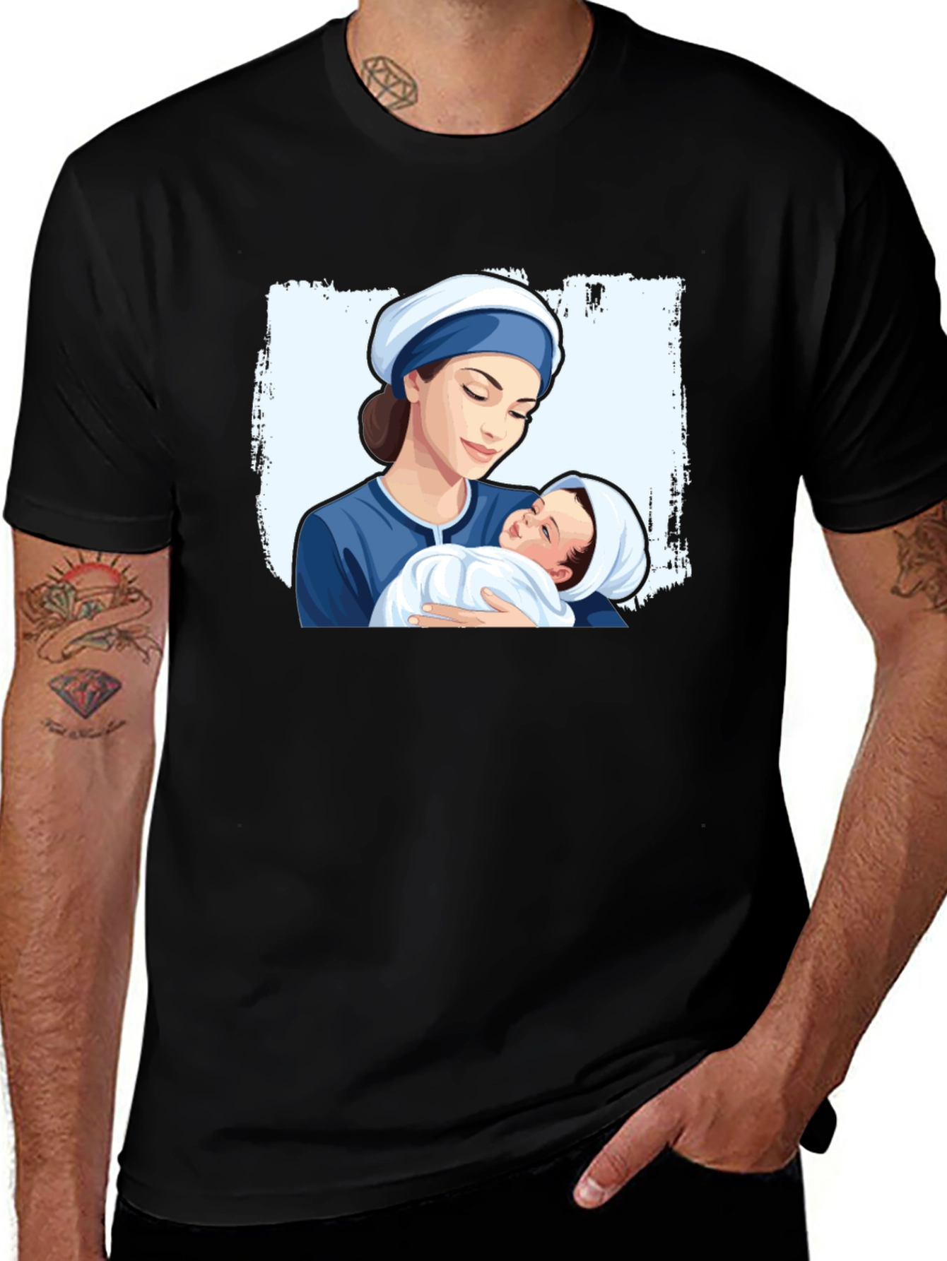 Mother and Baby Graphic Tee - Black Cotton T-Shirt