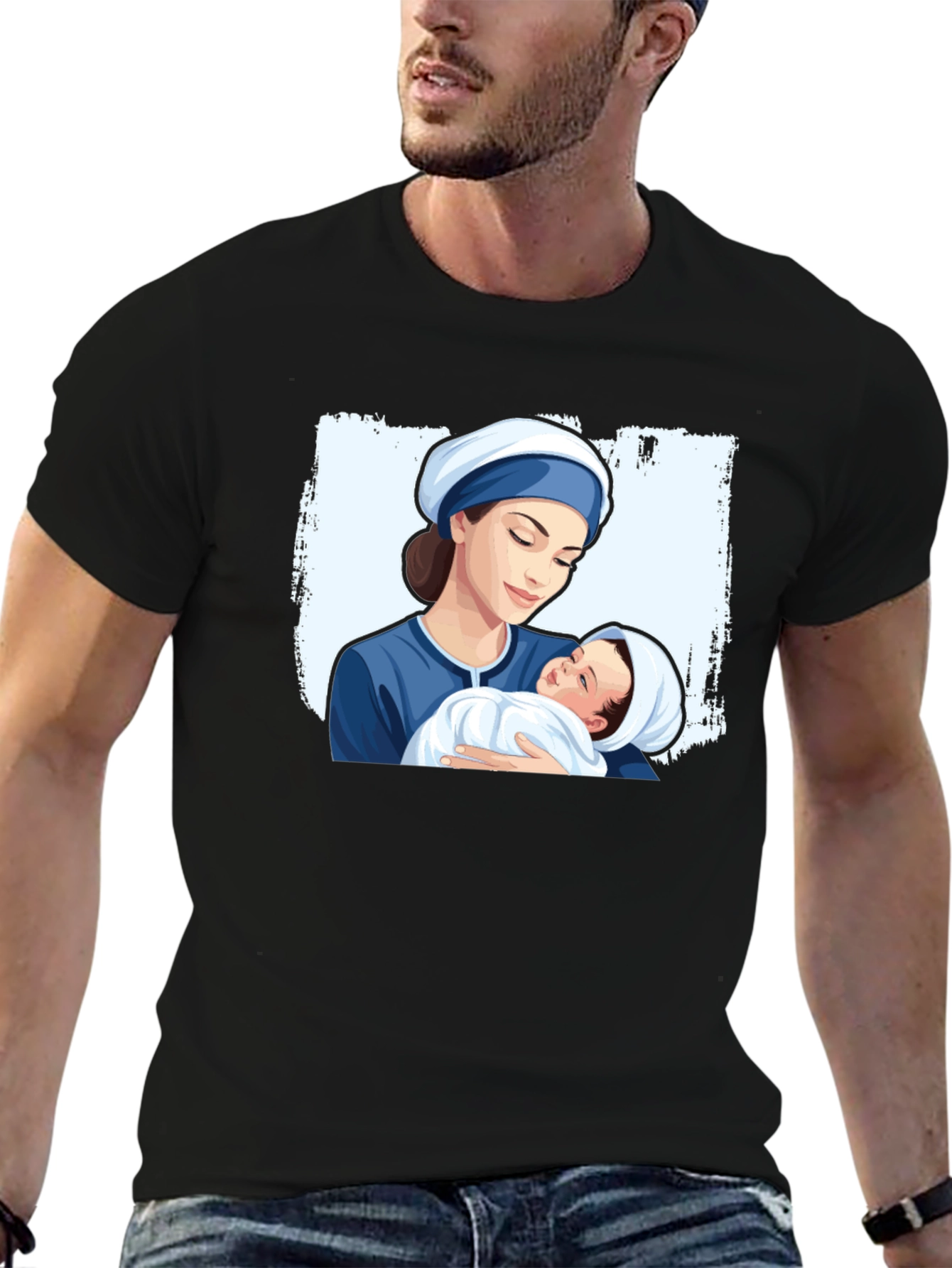 Mother and Baby Graphic Tee - Black Cotton T-Shirt