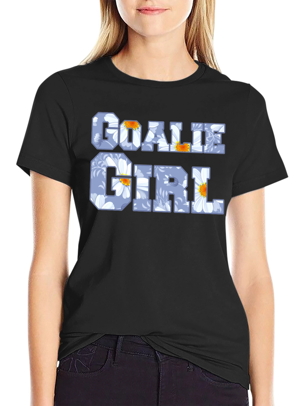 Goalie Girl Floral Print Black T-Shirt