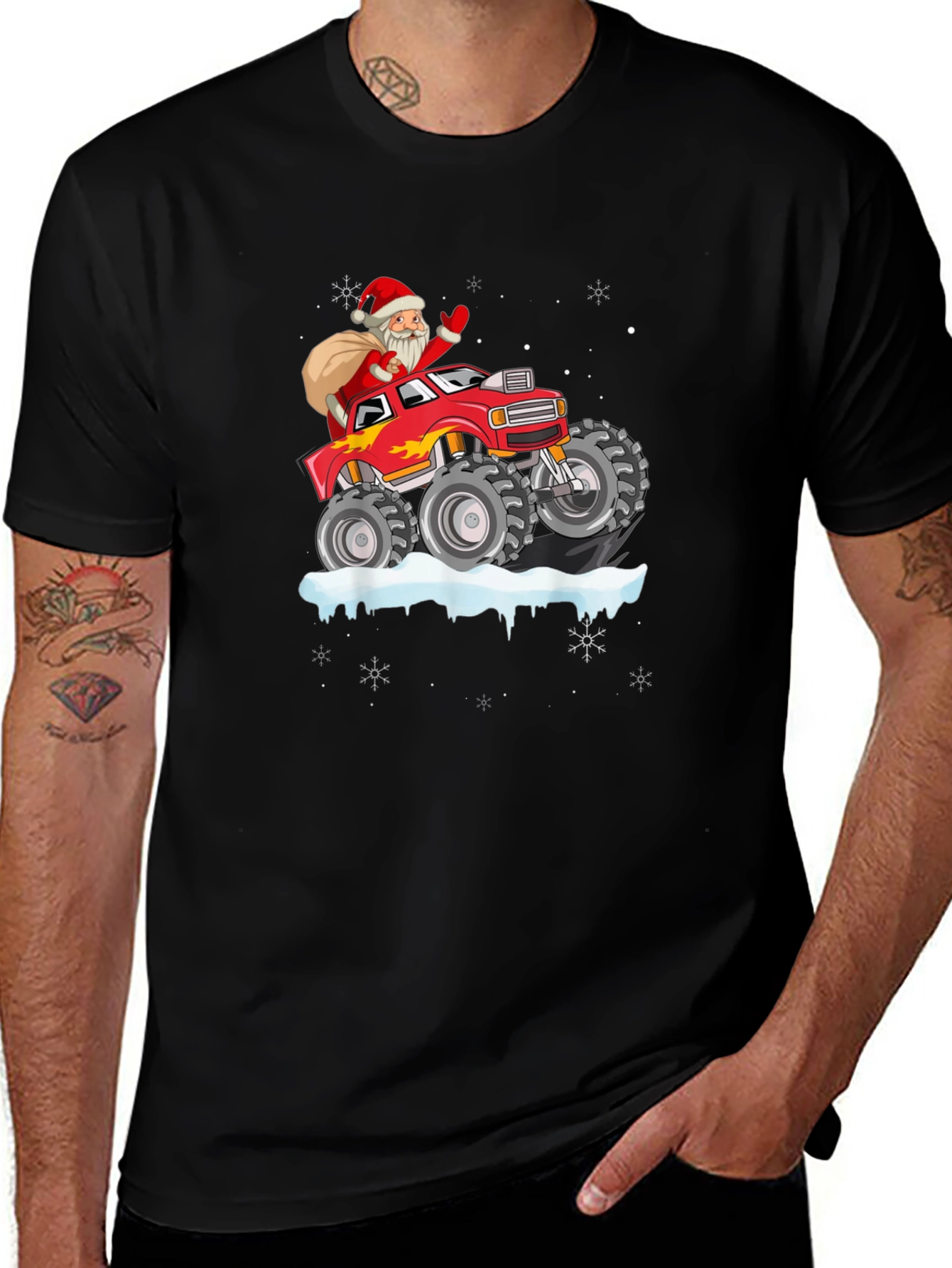 Santa Monster Truck Black T-Shirt - Christmas Holiday