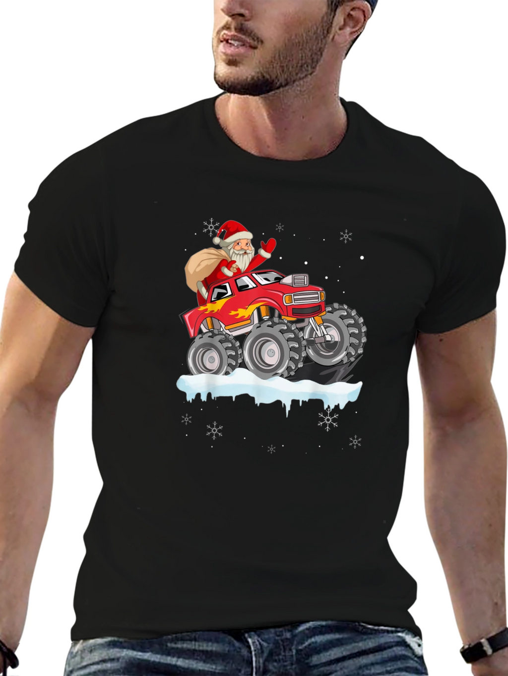 Santa Monster Truck Black T-Shirt - Christmas Holiday