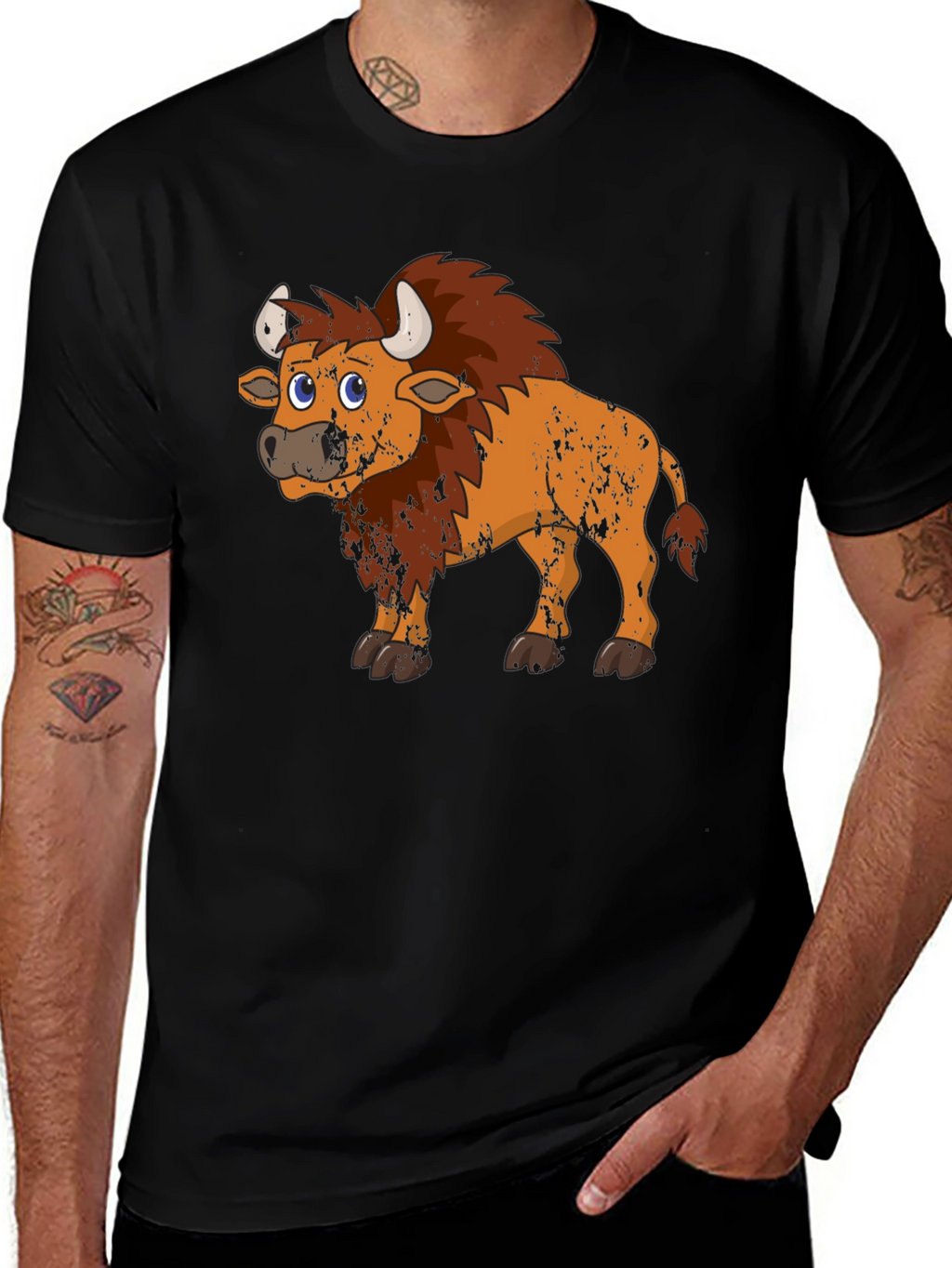 Cartoon Bison Graphic Tee - Black T-Shirt