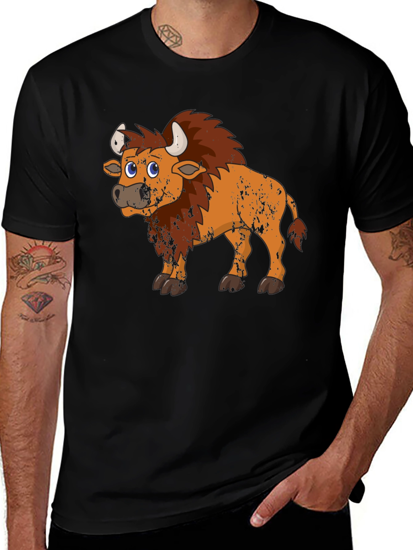 Cartoon Bison Graphic Tee - Black T-Shirt