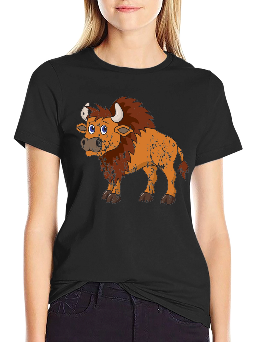 Cartoon Bison Graphic Tee - Black T-Shirt