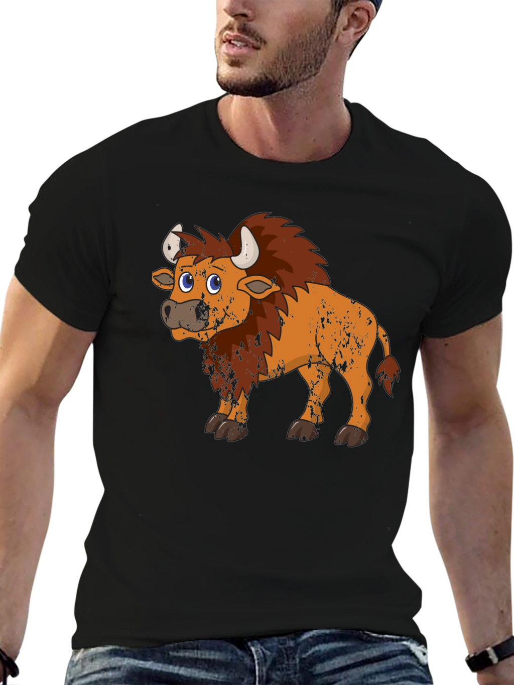 Cartoon Bison Graphic Tee - Black T-Shirt