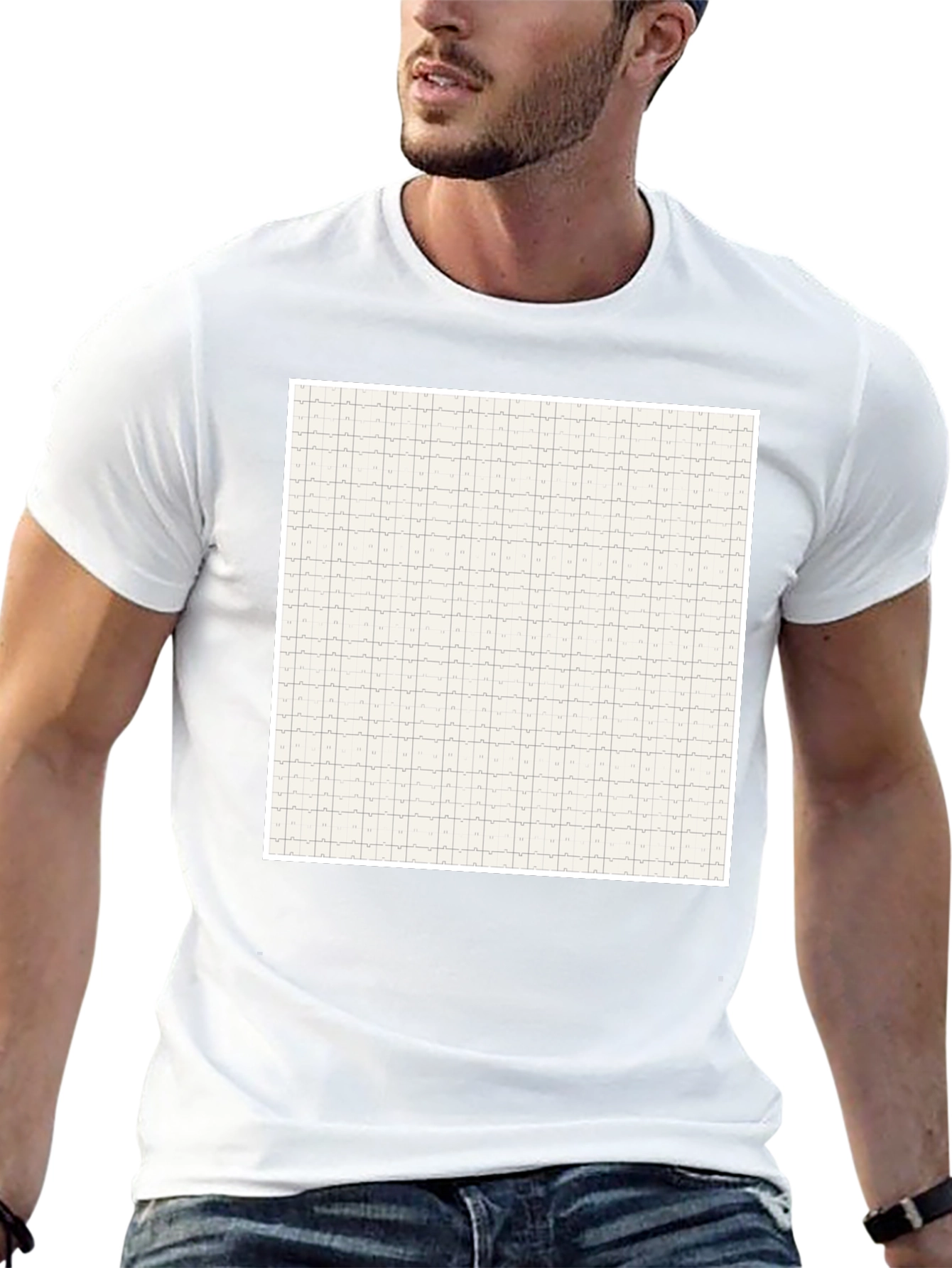 Grid Pattern Black Casual T-Shirt for Men