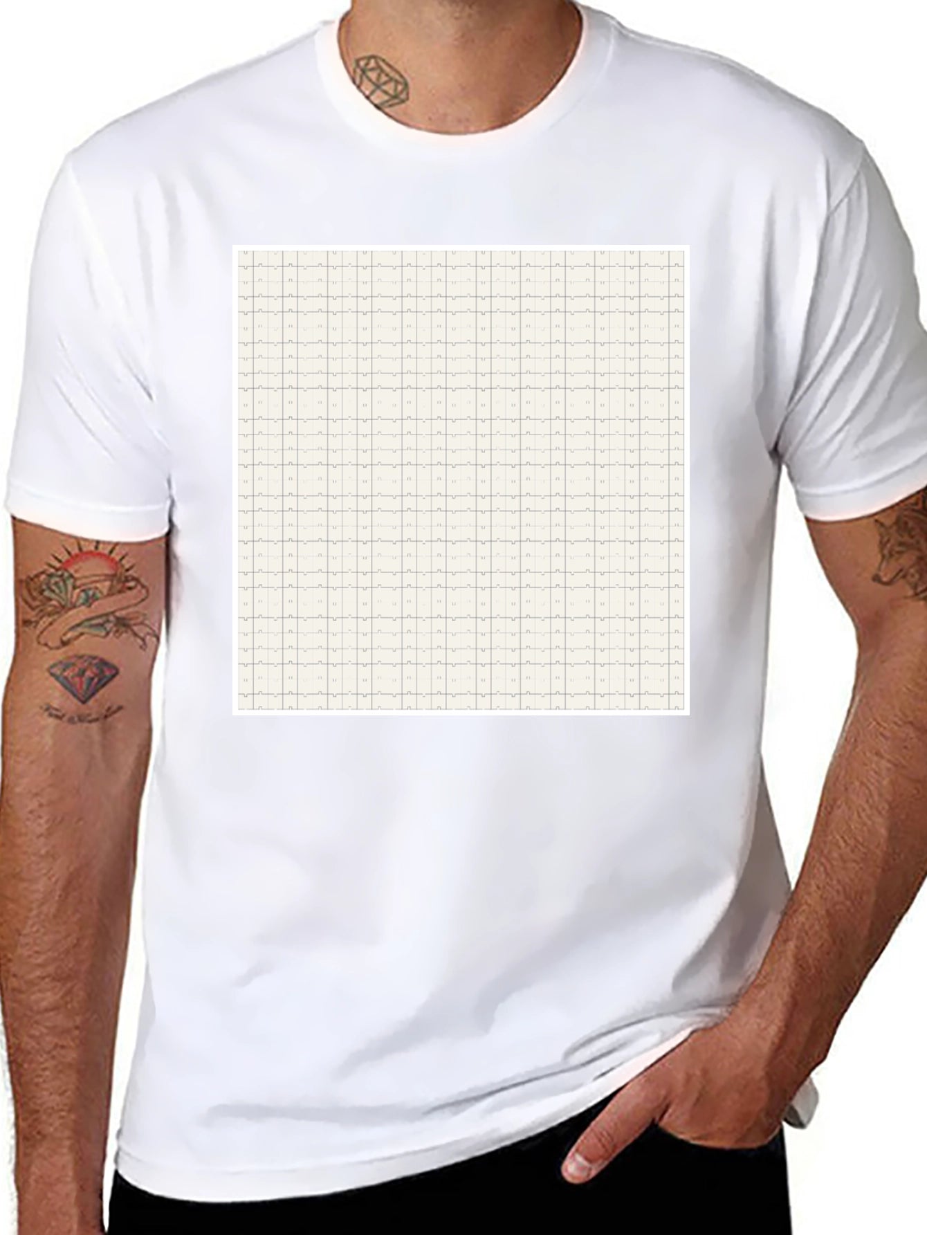 Grid Pattern Black Casual T-Shirt for Men