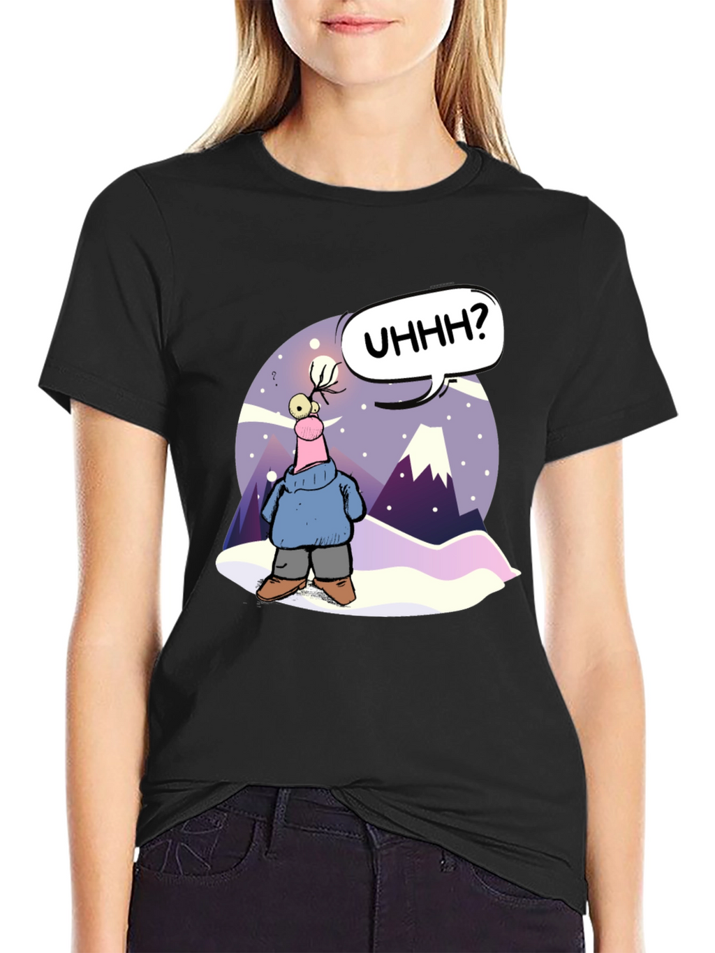 Cartoon Character Black T-Shirt - UHHH? Design