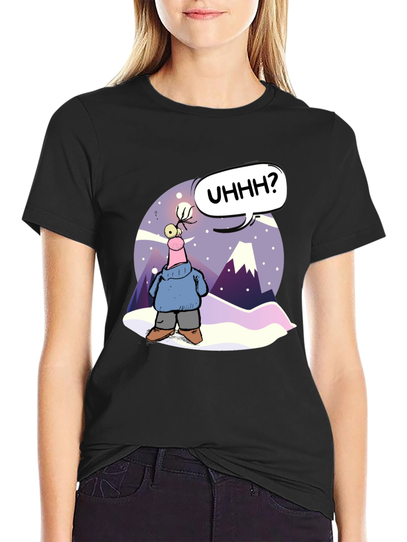 Cartoon Character Black T-Shirt - UHHH? Design