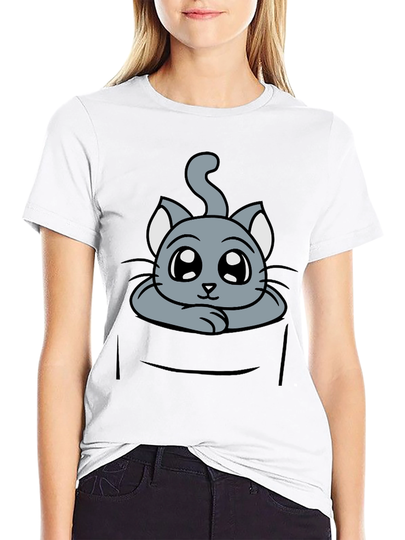 Cute Cat in Pocket Graphic Tee - Soft Cotton