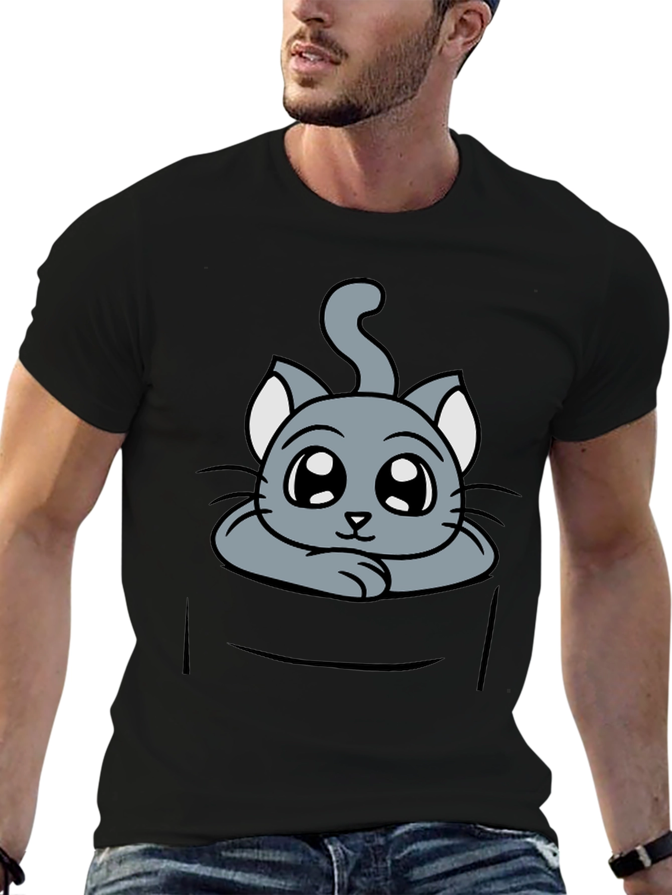 Cute Cat in Pocket Graphic Tee - Soft Cotton