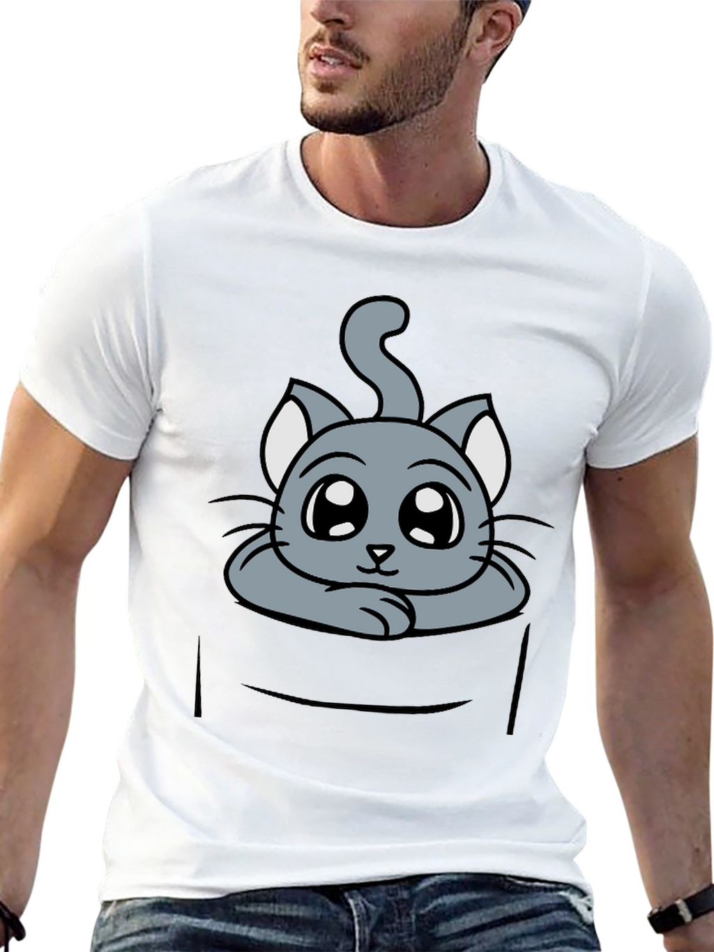 Cute Cat in Pocket Graphic Tee - Soft Cotton