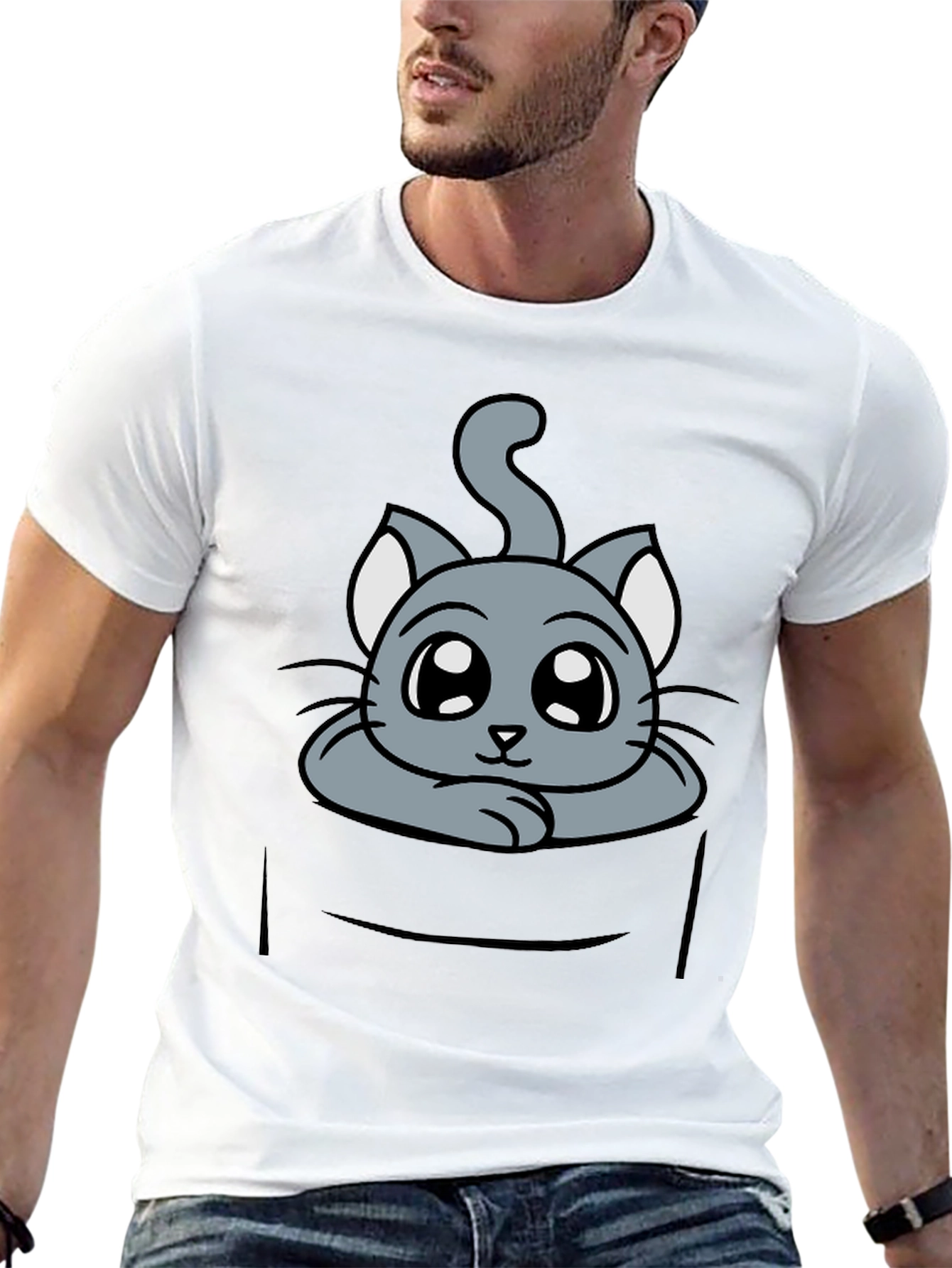 Cute Cat in Pocket Graphic Tee - Soft Cotton