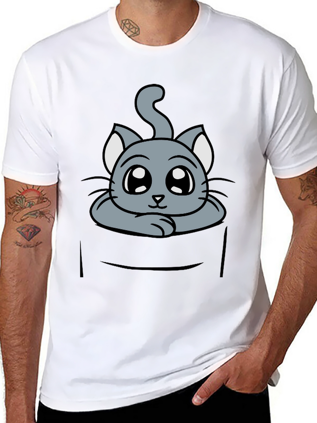 Cute Cat in Pocket Graphic Tee - Soft Cotton