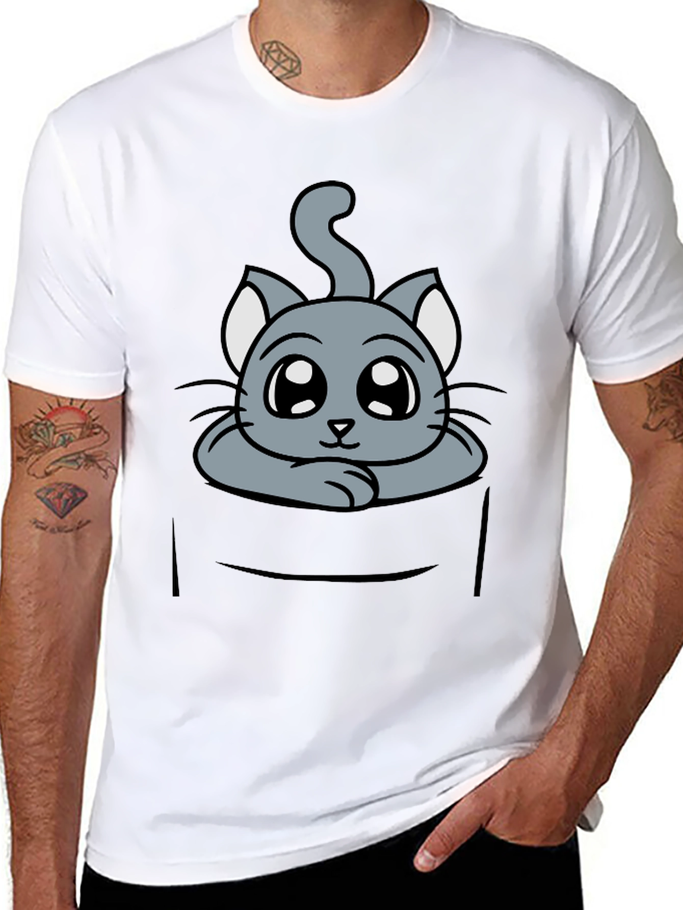 Cute Cat in Pocket Graphic Tee - Soft Cotton