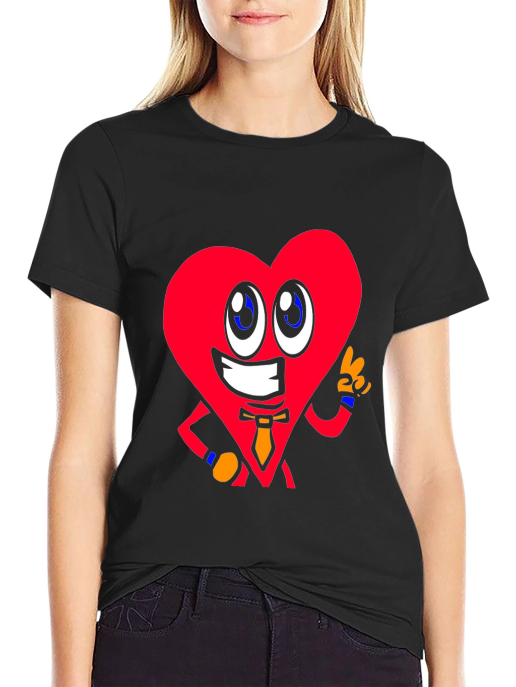 Cartoon Heart Graphic Tee - Black Cotton Shirt