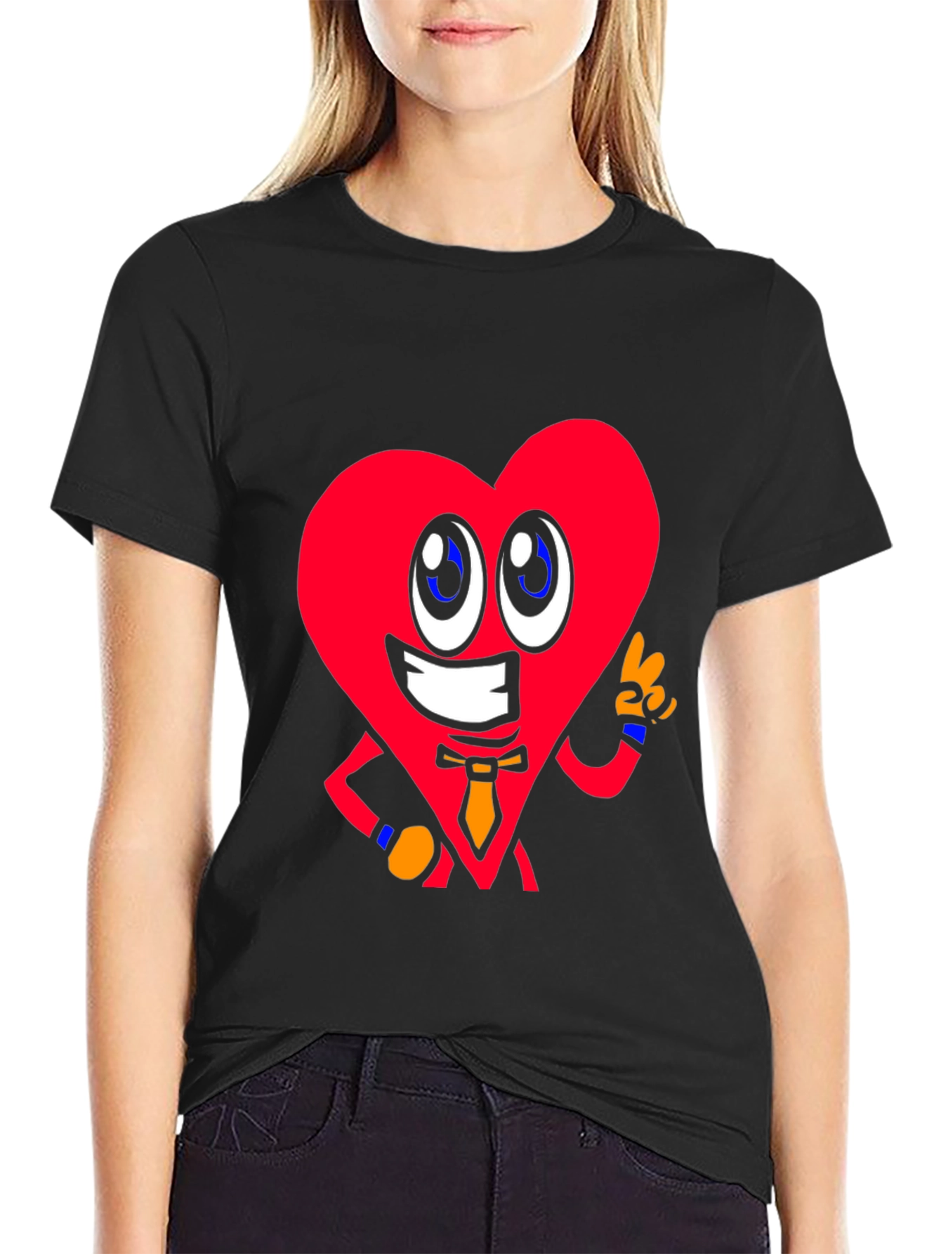 Cartoon Heart Graphic Tee - Black Cotton Shirt