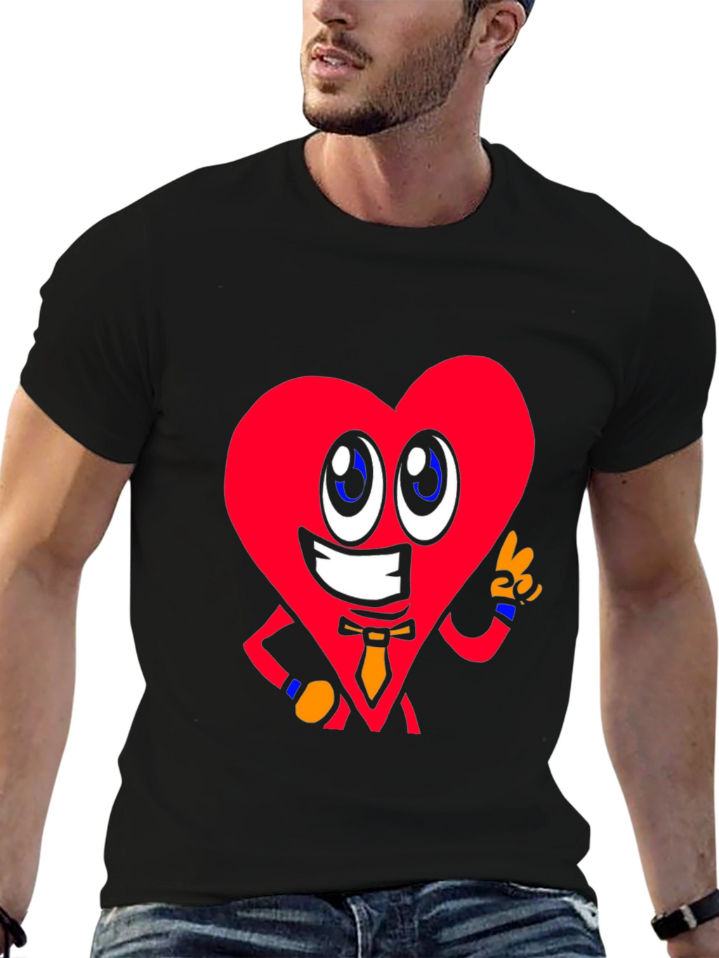 Cartoon Heart Graphic Tee - Black Cotton Shirt