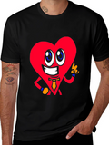 Cartoon Heart Graphic Tee - Black Cotton Shirt