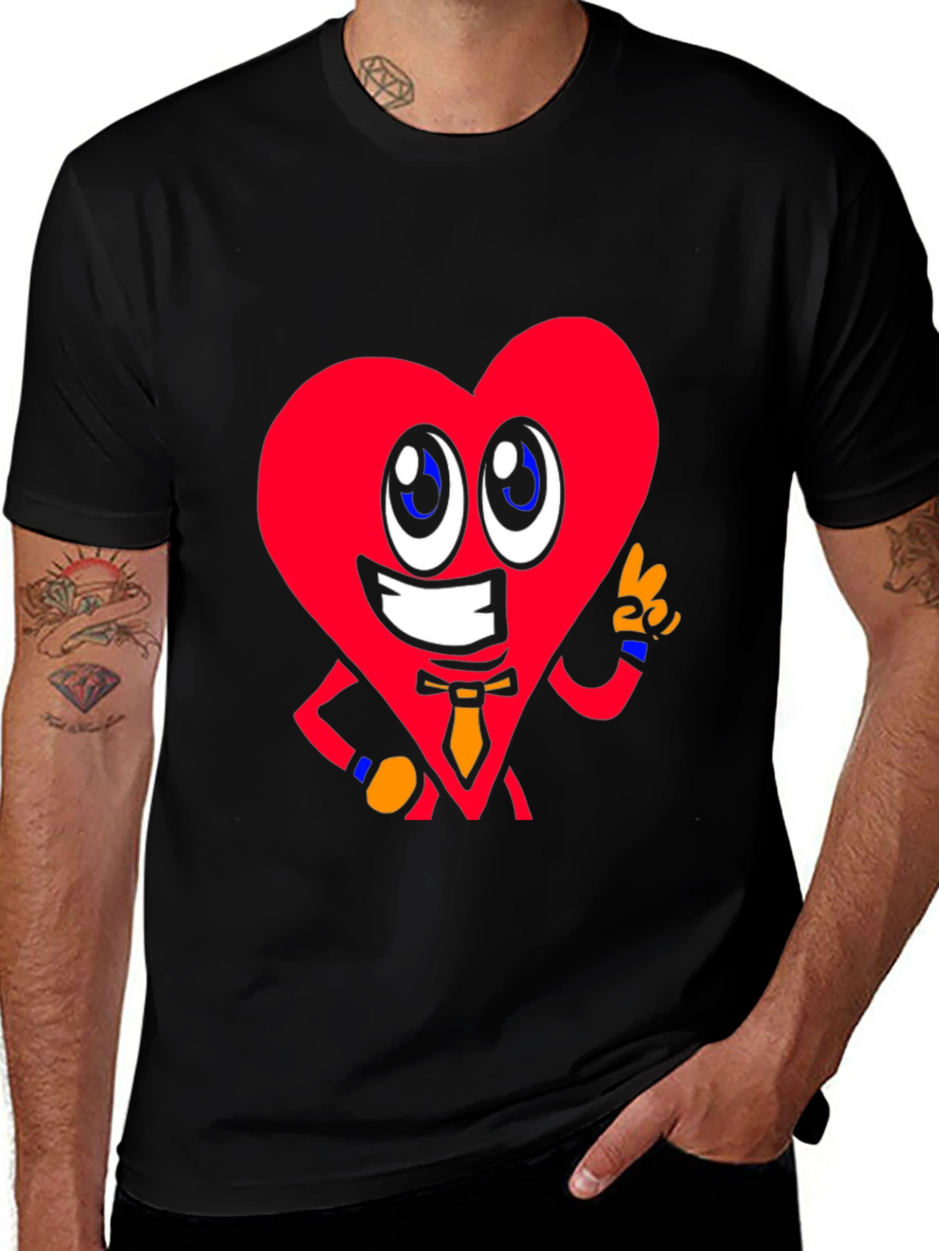 Cartoon Heart Graphic Tee - Black Cotton Shirt
