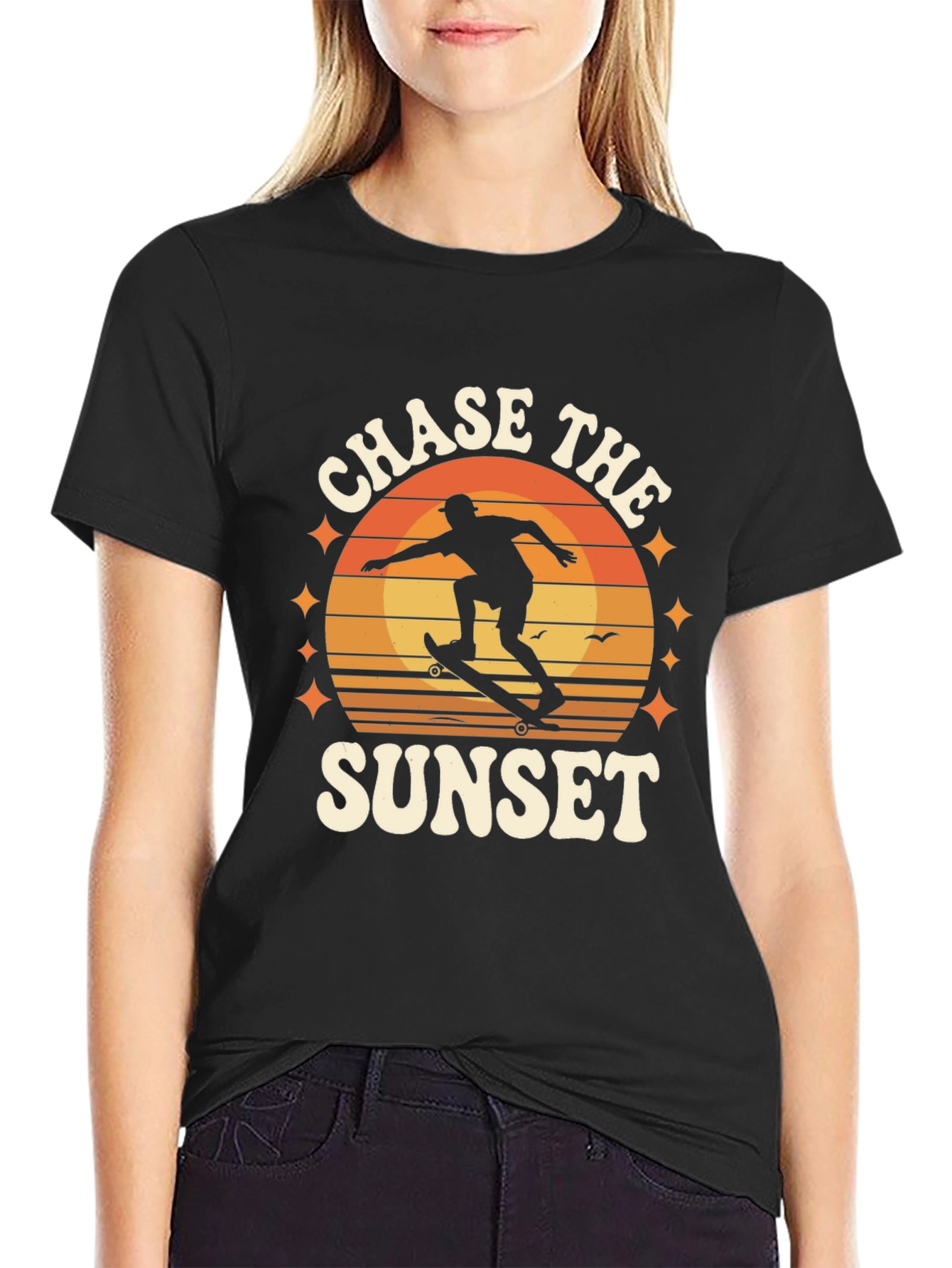 Chase the Sunset Black Graphic Tee - Skateboarder Design