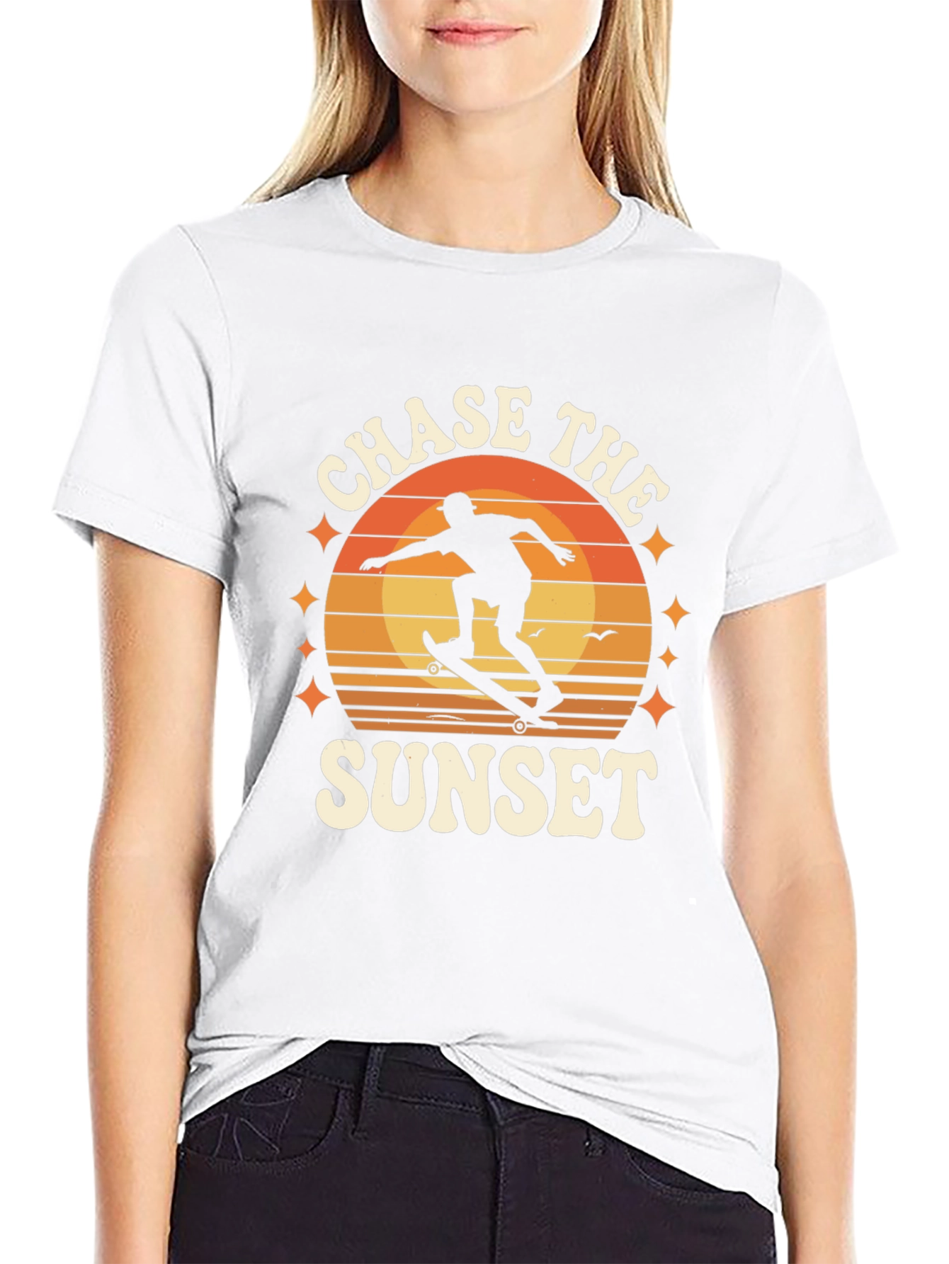 Chase the Sunset Black Graphic Tee - Skateboarder Design