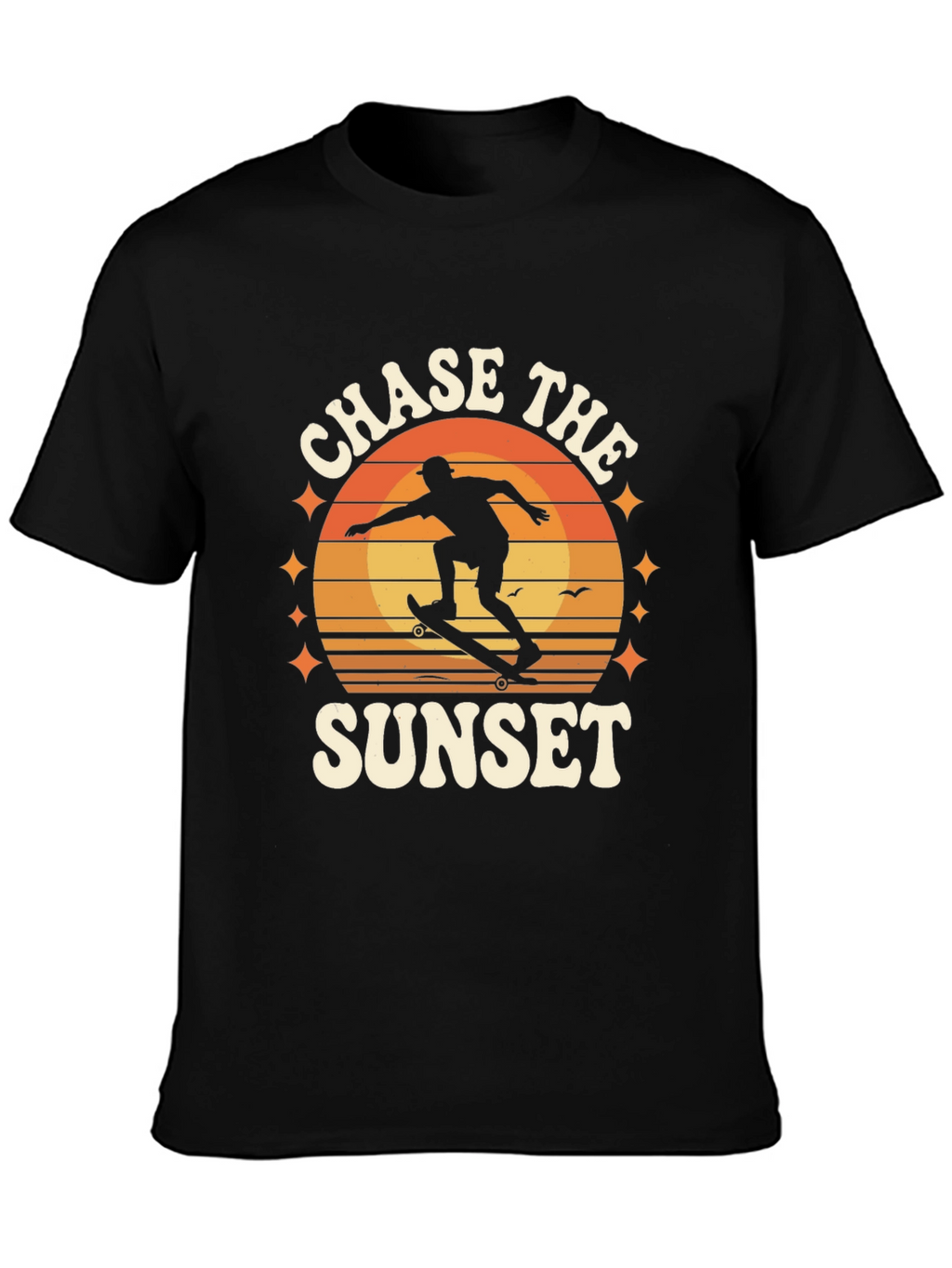 Chase the Sunset Black Graphic Tee - Skateboarder Design
