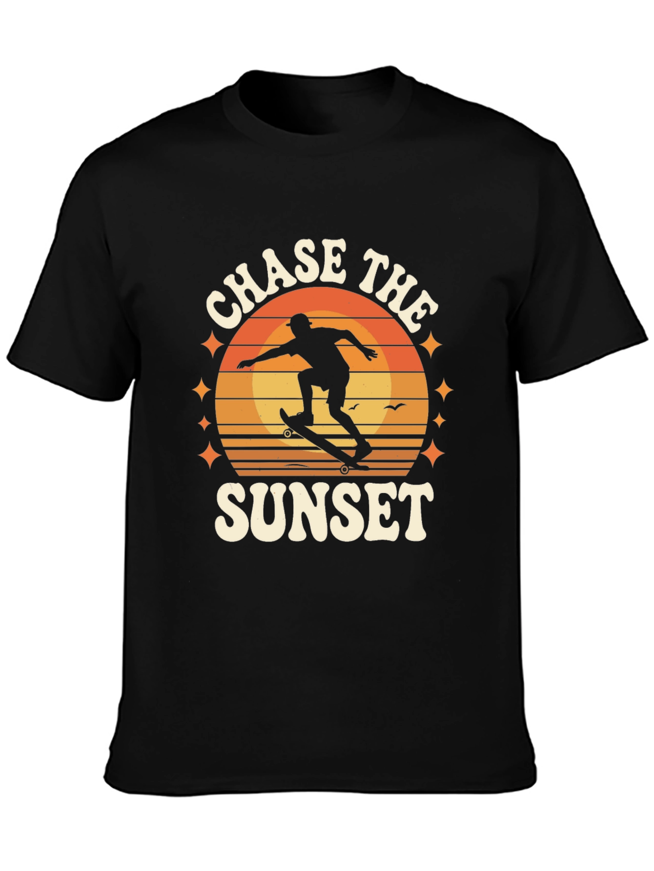 Chase the Sunset Black Graphic Tee - Skateboarder Design