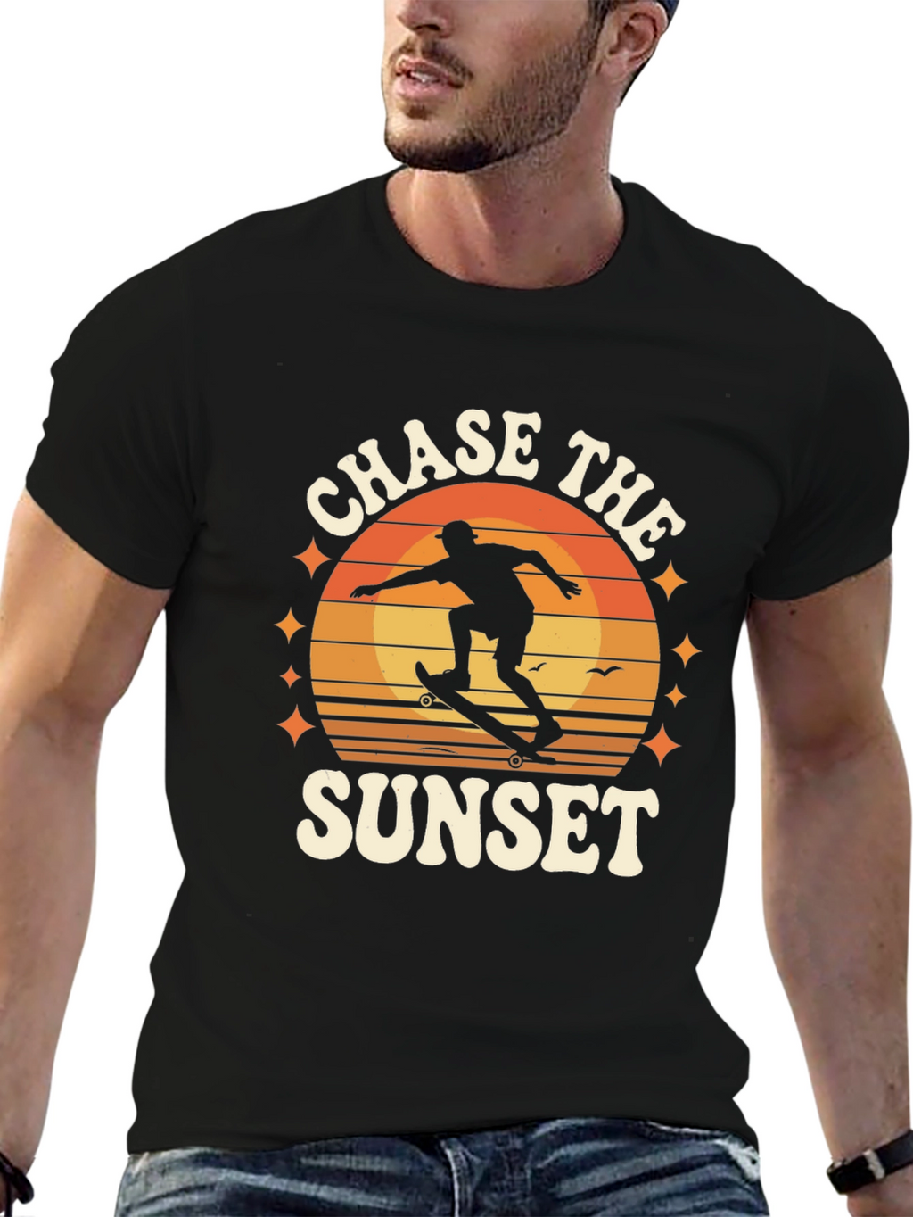 Chase the Sunset Black Graphic Tee - Skateboarder Design