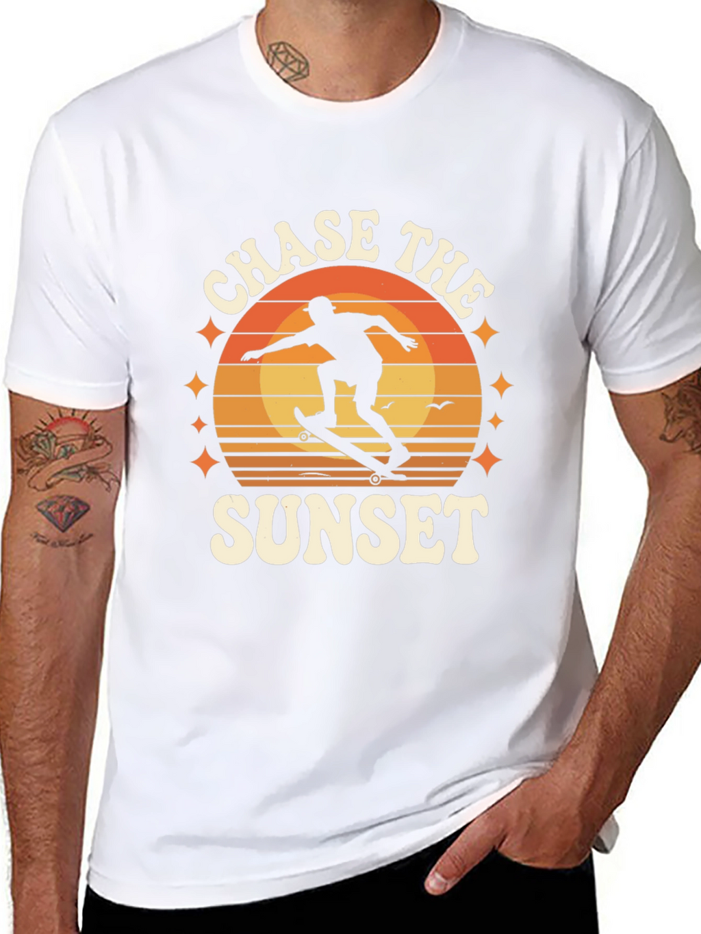 Chase the Sunset Black Graphic Tee - Skateboarder Design