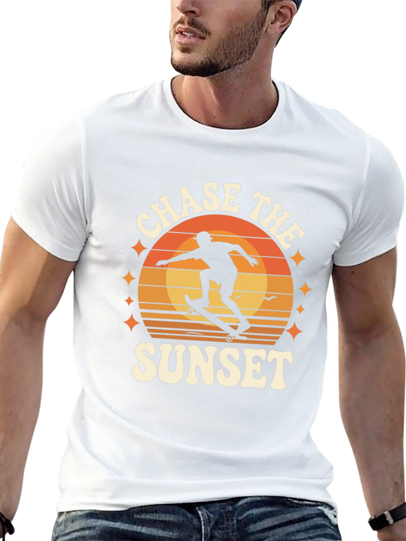 Chase the Sunset Black Graphic Tee - Skateboarder Design