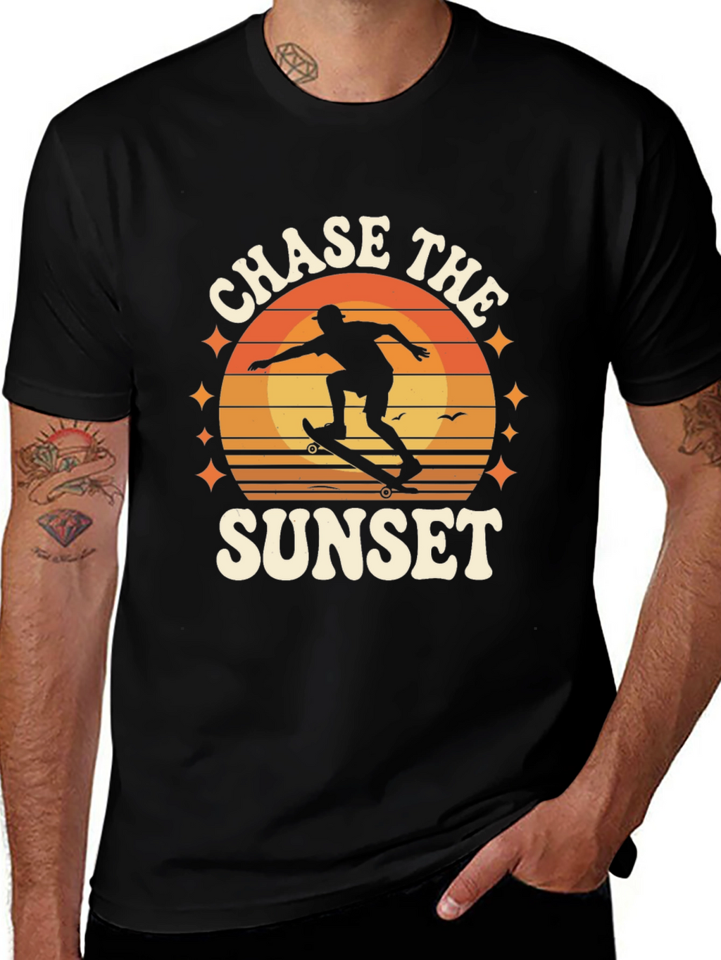 Chase the Sunset Black Graphic Tee - Skateboarder Design
