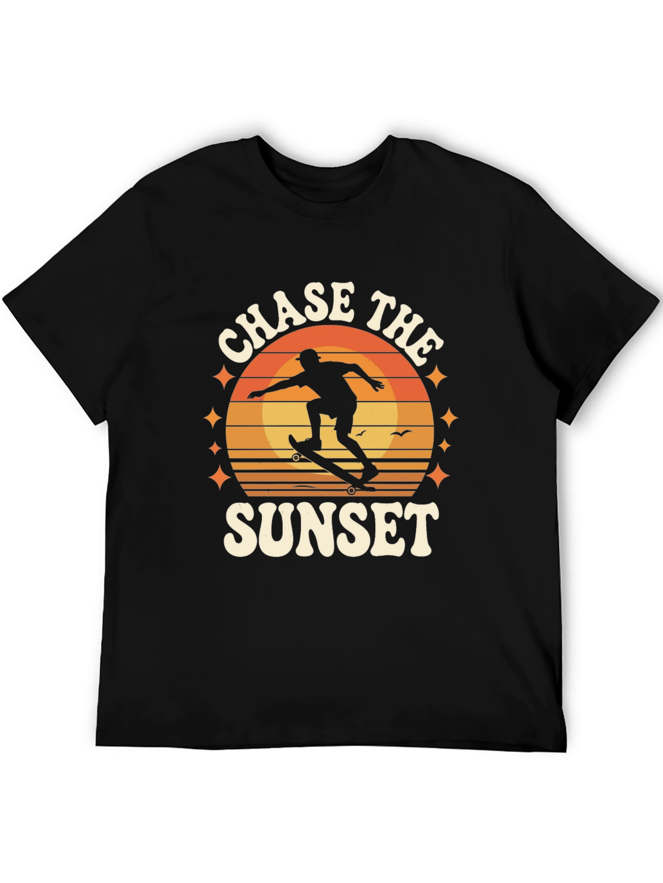 Chase the Sunset Black Graphic Tee - Skateboarder Design