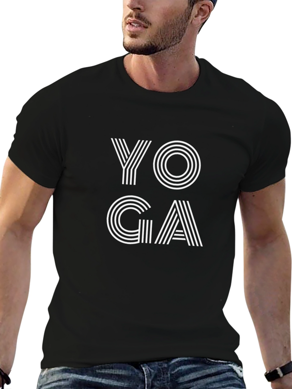 Yoga Striped Graphic Tee - Black Cotton Casual T-Shirt