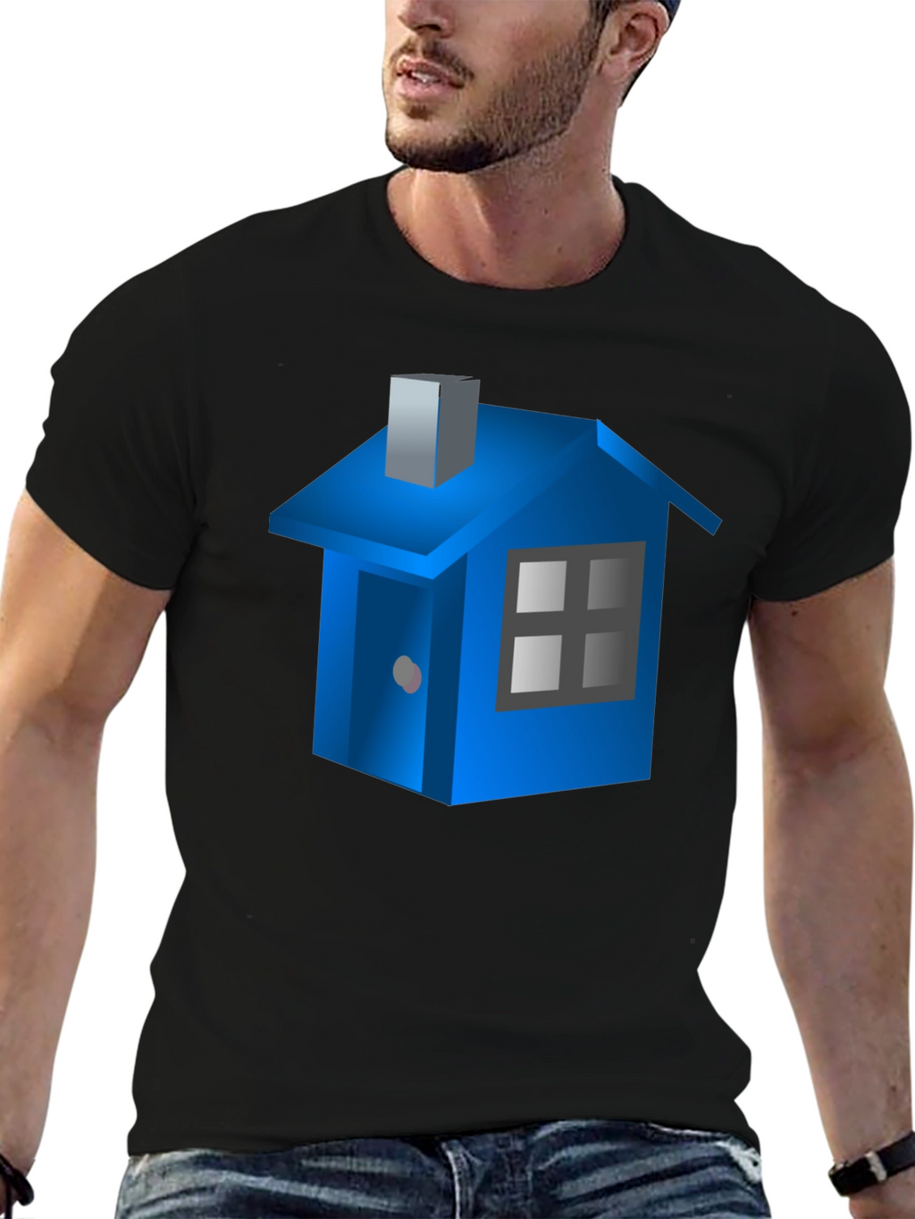Blue House Graphic Black T-Shirt